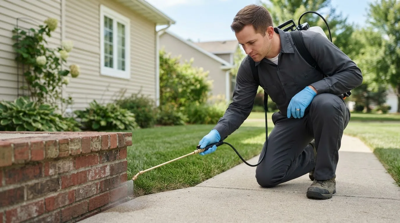 Pest control technician treating a home near Meservey, IA