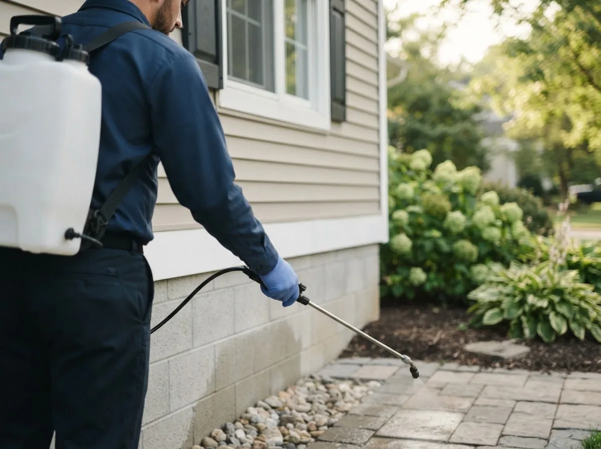 Pest control technician inspecting a home in Meservey, IA